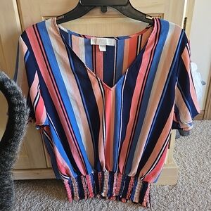 Michael Kors Designer Pink & Blue Striped V Neck Short Sleeve Blouse Top NWOT